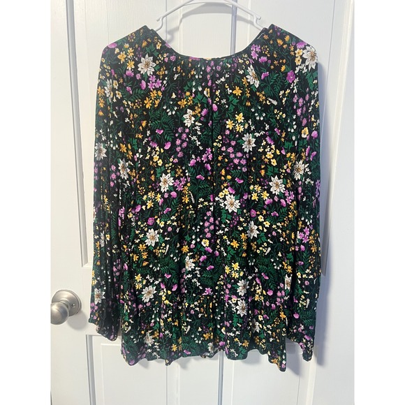 Old Navy Womens Floral Tie Neck Long Sleeve Rayon Blouse Black Purple Yellow L - Picture 6 of 6